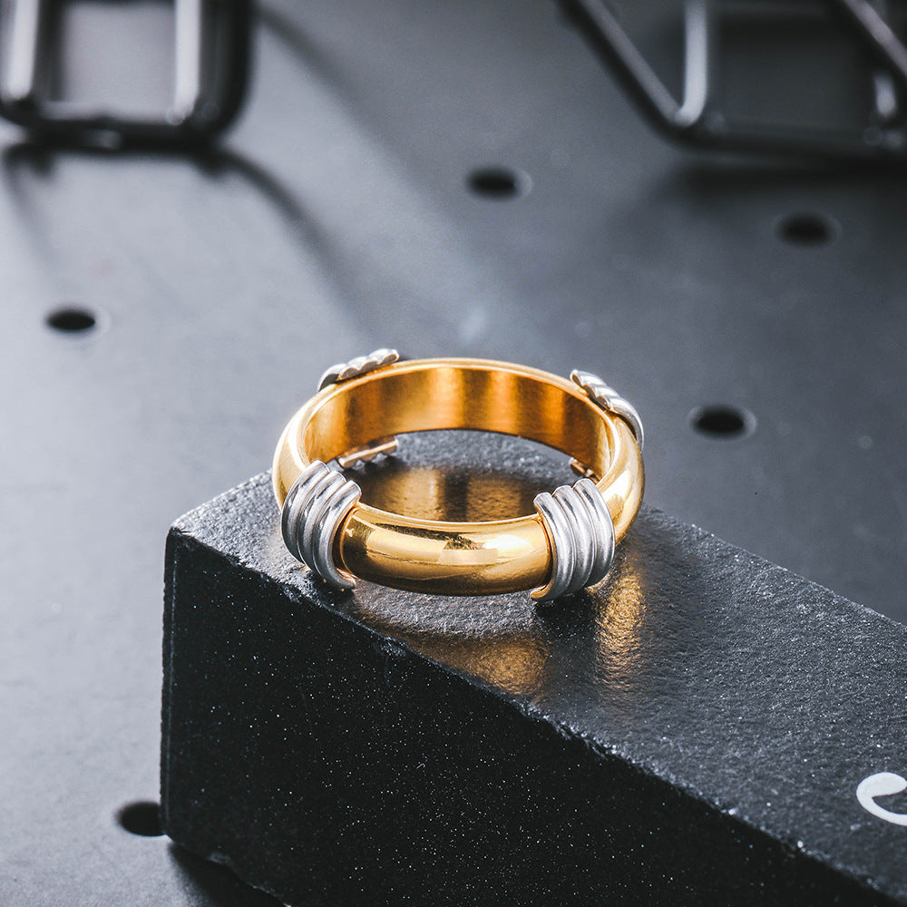 Female Punk Room Gold Ring Inlaid With Titanium Steel Ring