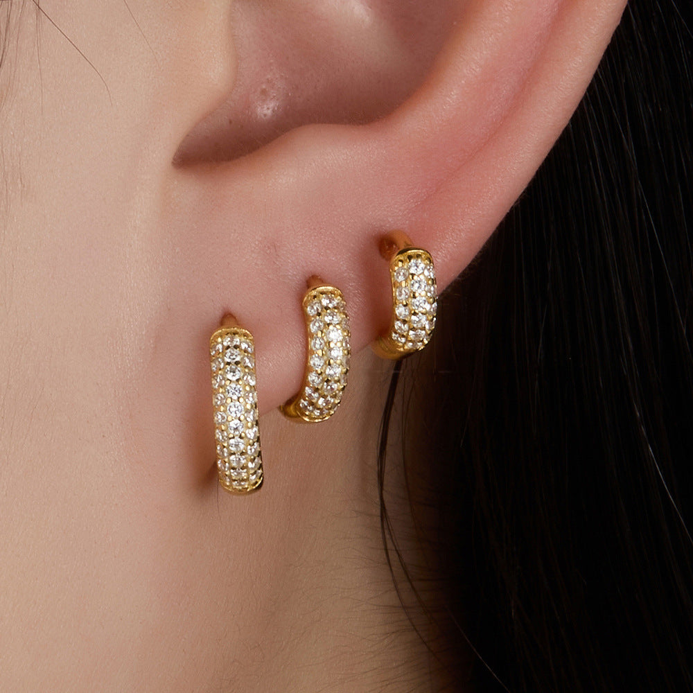 Three-row Drill Wide Face Circle Ear Clip Retro High-grade Sterling Silver Stud Earrings