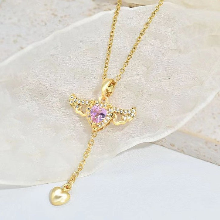 Crystal Heart & Angel Wings Pendant Necklace ✨ Adjustable Chain Jewelry Gift