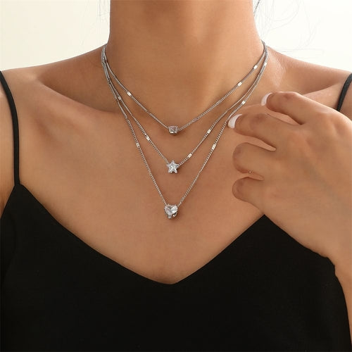 Multi-Layer Zircon Star & Heart Pendant Necklace – Elegant Layered Jewelry