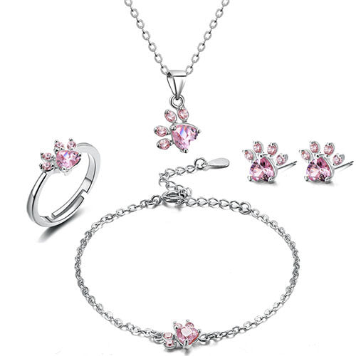 Elegant Cat Paw Jewelry Set – Necklace, Ring, Earrings & Bracelet