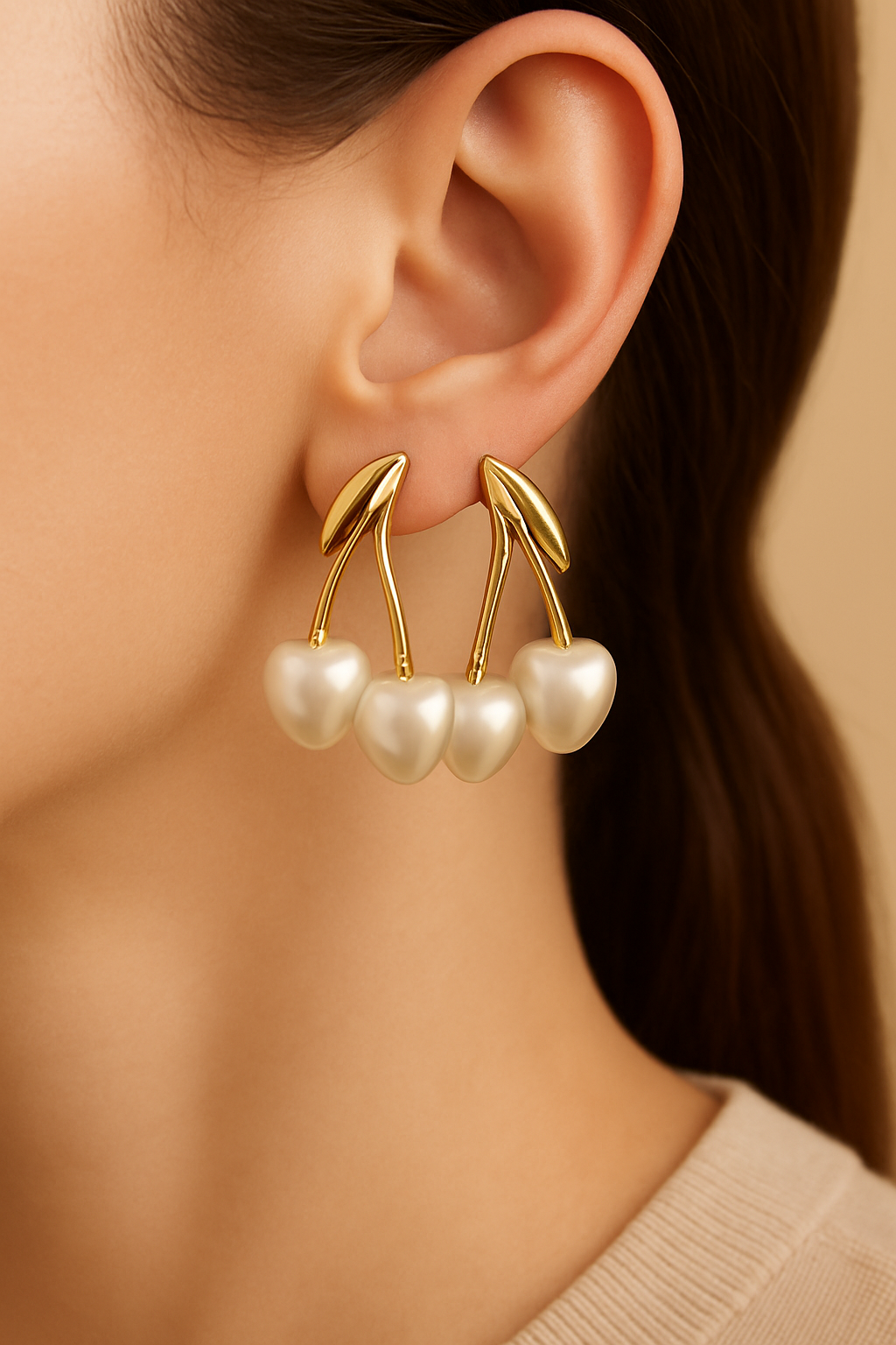 Pearl Cherry Drop Earrings - on model