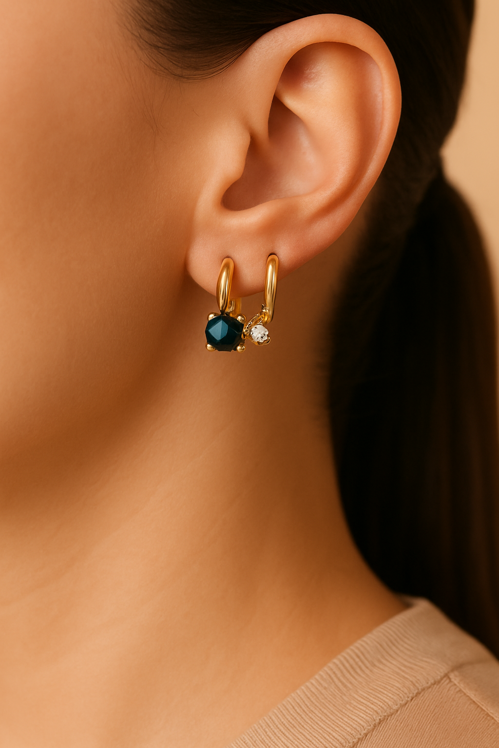 Gold Zircon Mini Hoops - on model