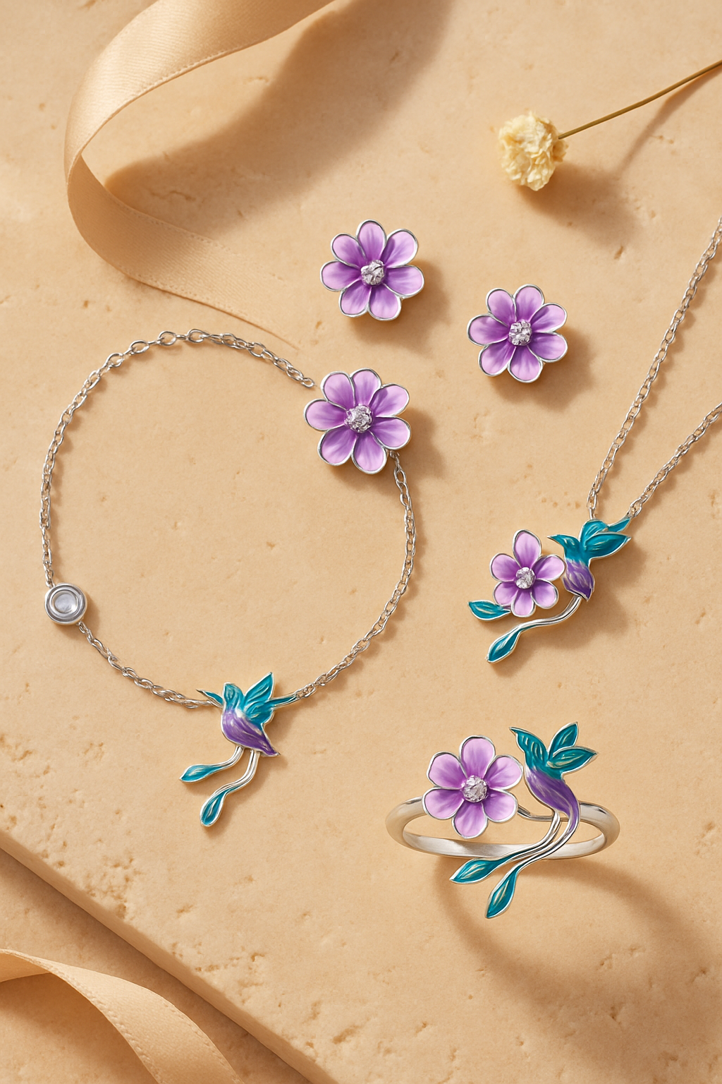 Purple Flower Jewelry Set - flat lay