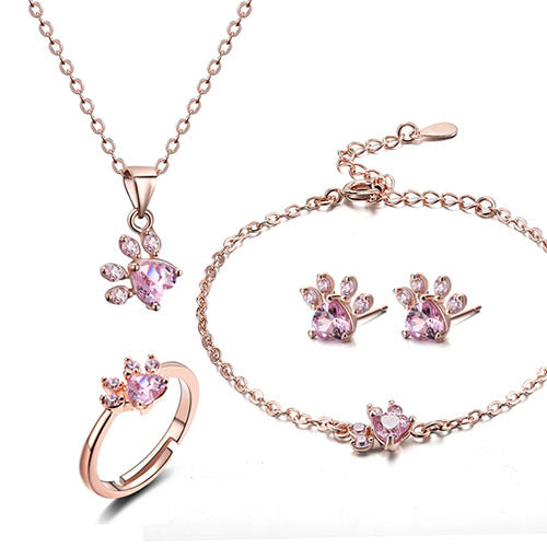 Elegant Cat Paw Jewelry Set – Necklace, Ring, Earrings & Bracelet