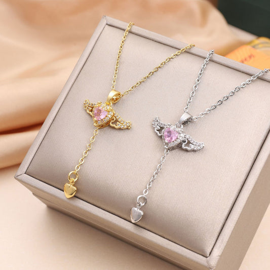 Crystal Heart & Angel Wings Pendant Necklace ✨ Adjustable Chain Jewelry Gift