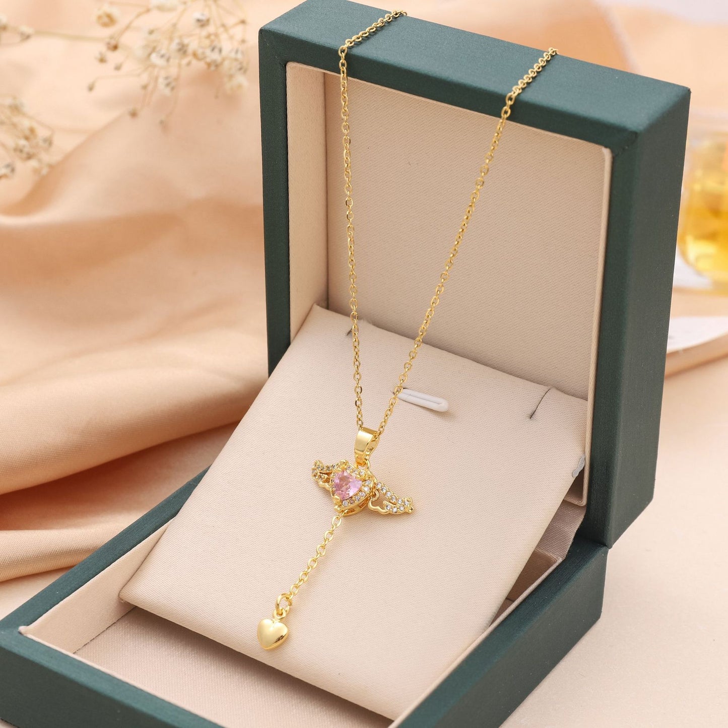 Crystal Heart & Angel Wings Pendant Necklace ✨ Adjustable Chain Jewelry Gift
