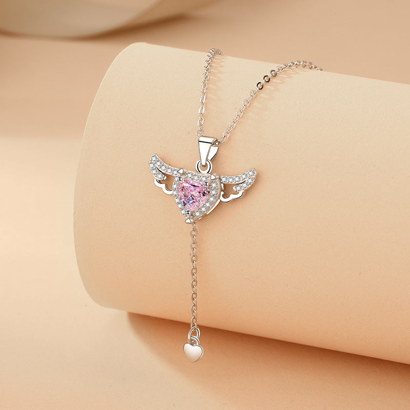 Crystal Heart & Angel Wings Pendant Necklace ✨ Adjustable Chain Jewelry Gift