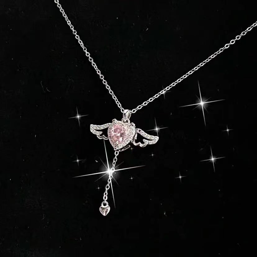 Crystal Heart & Angel Wings Pendant Necklace ✨ Adjustable Chain Jewelry Gift