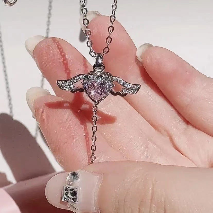 Crystal Heart & Angel Wings Pendant Necklace ✨ Adjustable Chain Jewelry Gift