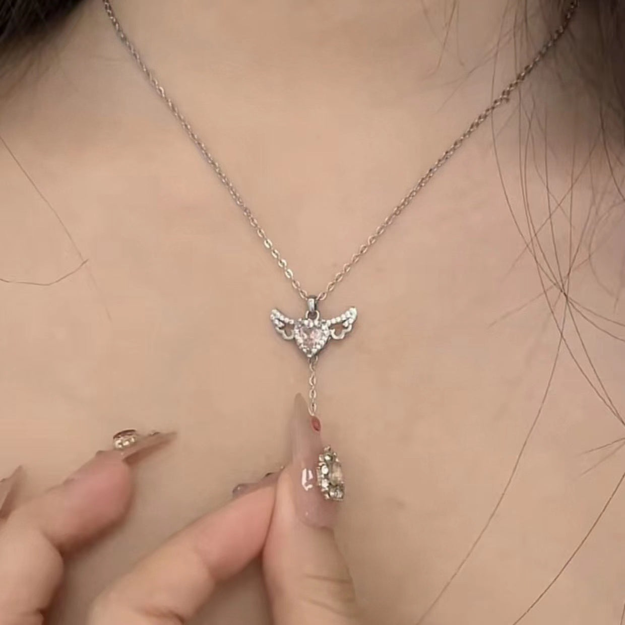 Crystal Heart & Angel Wings Pendant Necklace ✨ Adjustable Chain Jewelry Gift