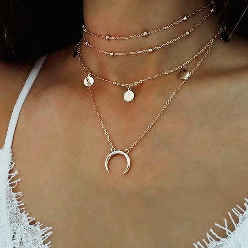 Boho Crescent Horn Moon Layered Necklace – 4 Layer Adjustable Jewelry