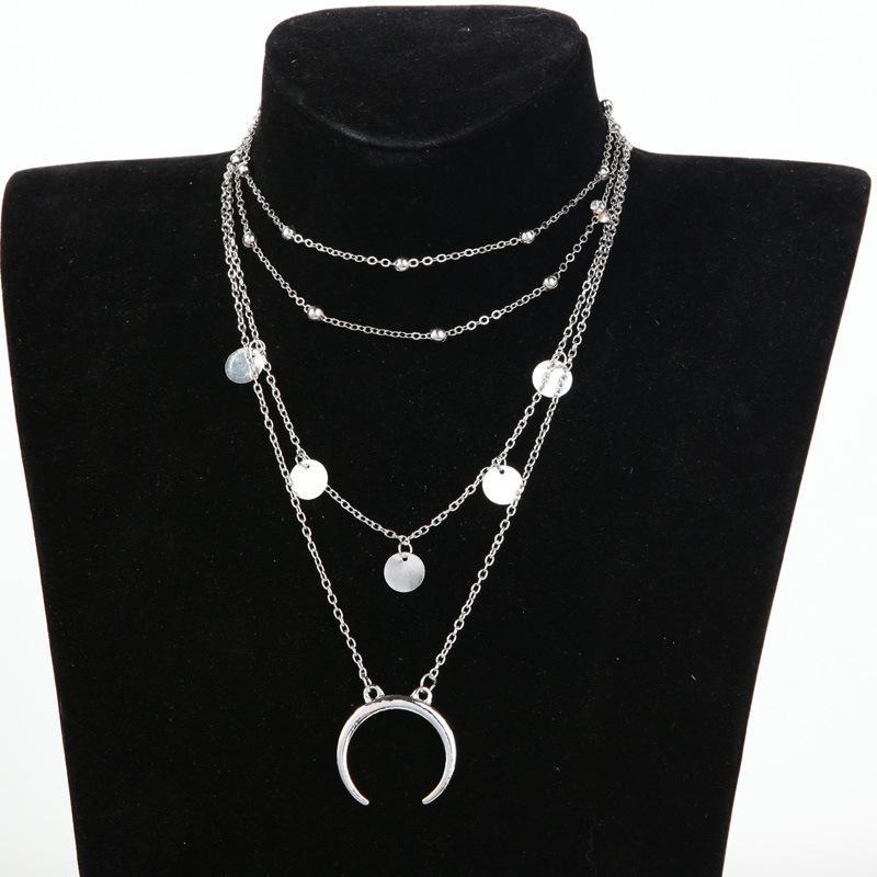 Boho Crescent Horn Moon Layered Necklace – 4 Layer Adjustable Jewelry