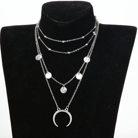 Boho Crescent Horn Moon Layered Necklace – 4 Layer Adjustable Jewelry