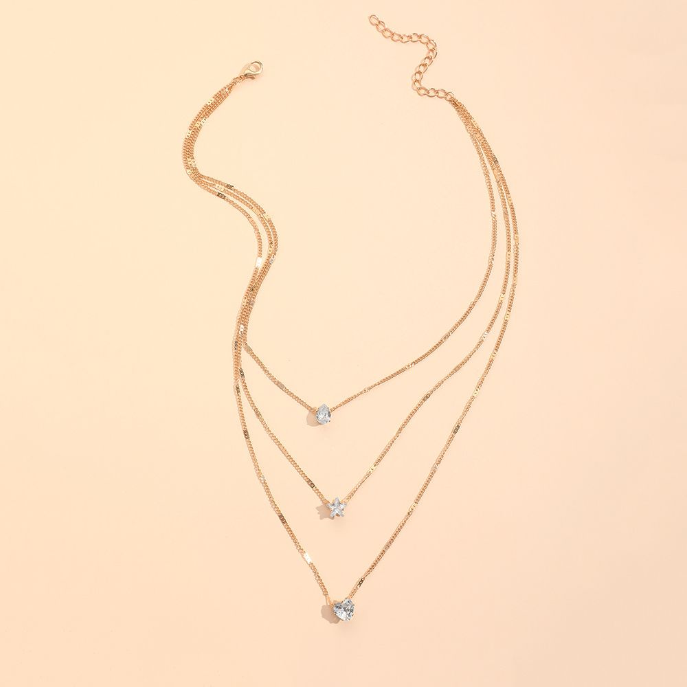 Multi-Layer Zircon Star & Heart Pendant Necklace – Elegant Layered Jewelry