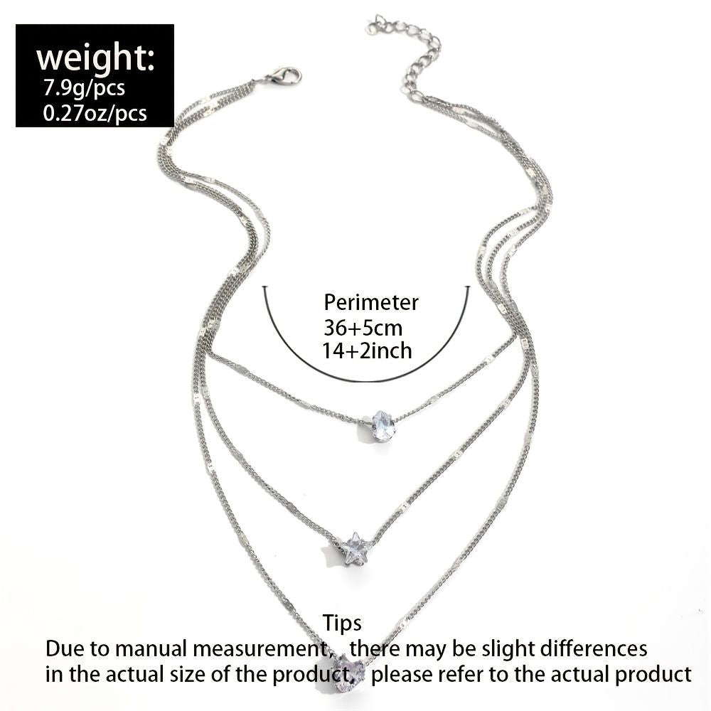 Multi-Layer Zircon Star & Heart Pendant Necklace – Elegant Layered Jewelry