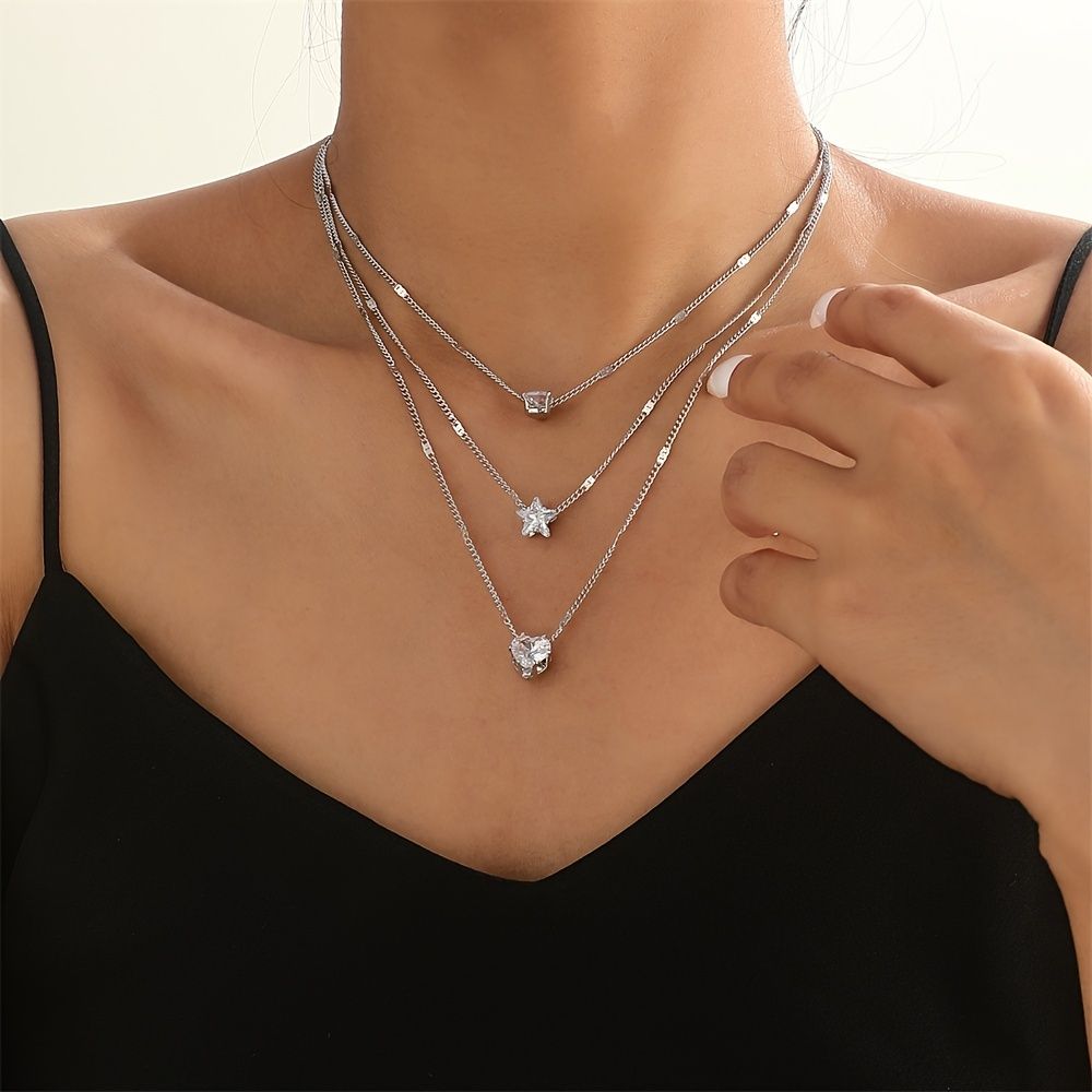 Multi-Layer Zircon Star & Heart Pendant Necklace – Elegant Layered Jewelry