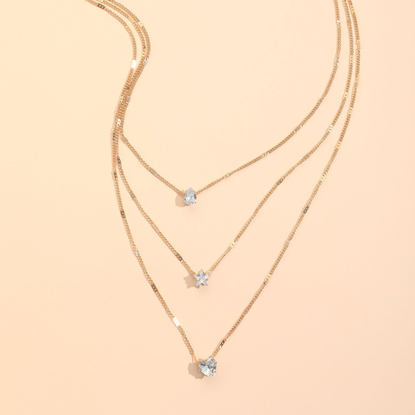 Multi-Layer Zircon Star & Heart Pendant Necklace – Elegant Layered Jewelry
