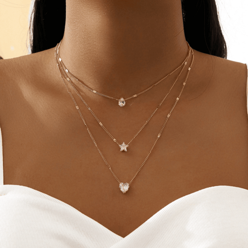 Multi-Layer Zircon Star & Heart Pendant Necklace – Elegant Layered Jewelry