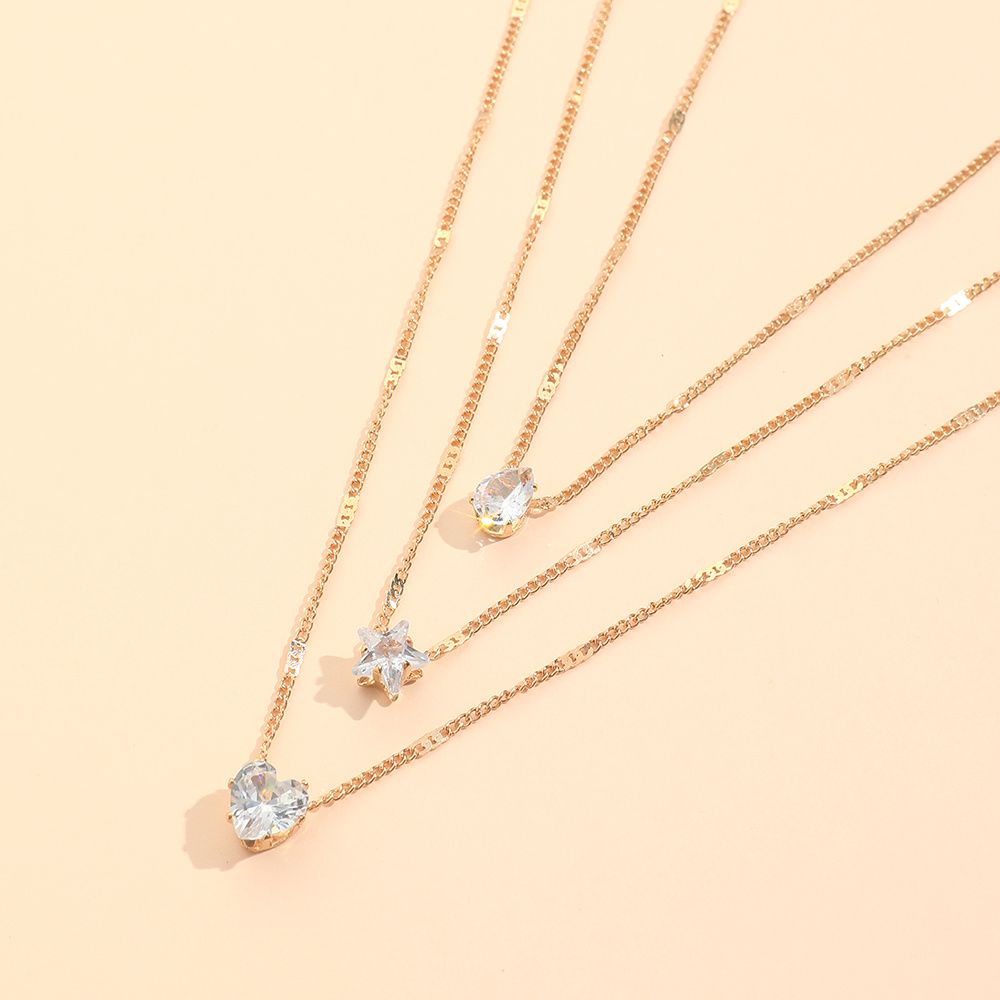 Multi-Layer Zircon Star & Heart Pendant Necklace – Elegant Layered Jewelry