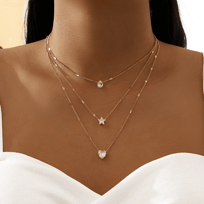 Multi-Layer Zircon Star & Heart Pendant Necklace – Elegant Layered Jewelry