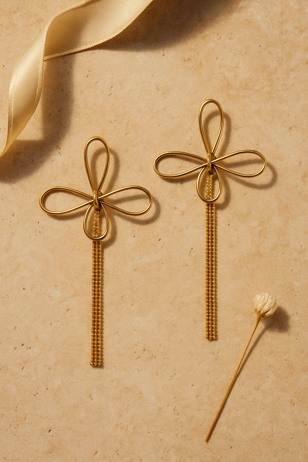Gold Bow Tassel Earrings - flat lay