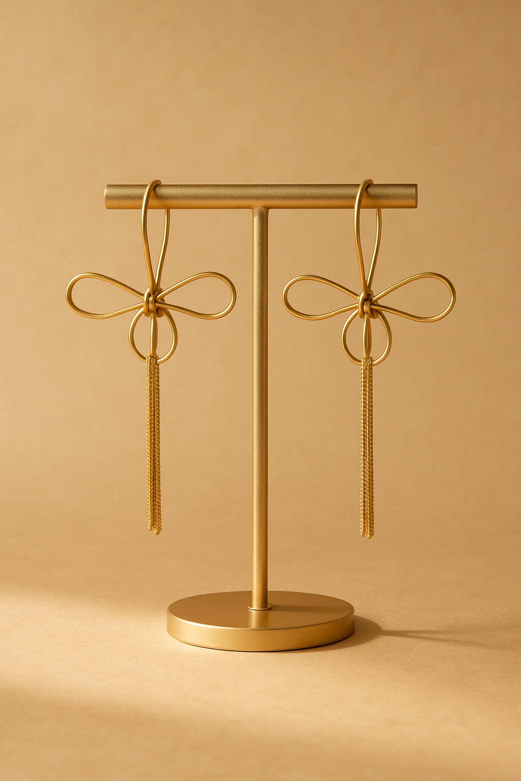 Gold Bow Tassel Earrings - display stand