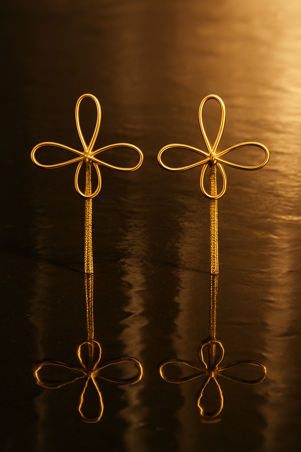 Gold Bow Tassel Earrings - water reflection