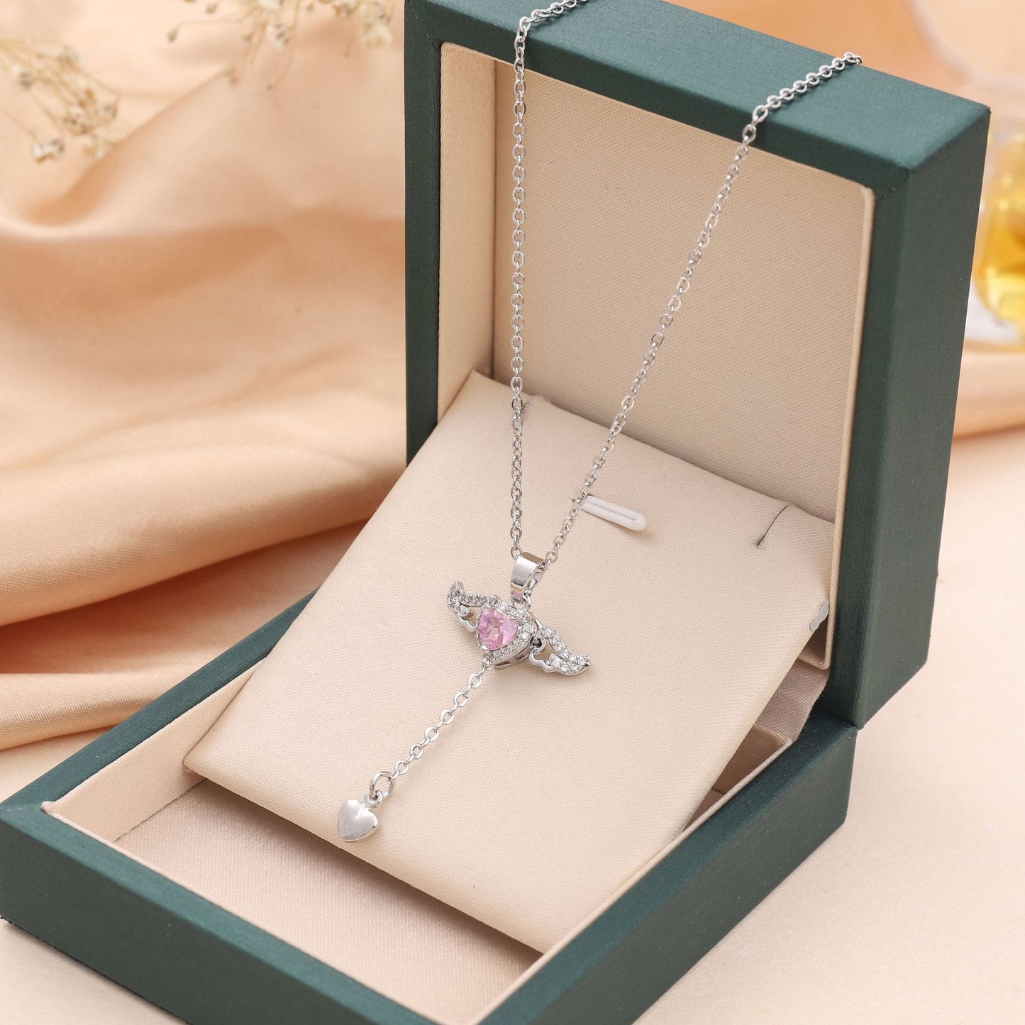 Crystal Heart & Angel Wings Pendant Necklace ✨ Adjustable Chain Jewelry Gift