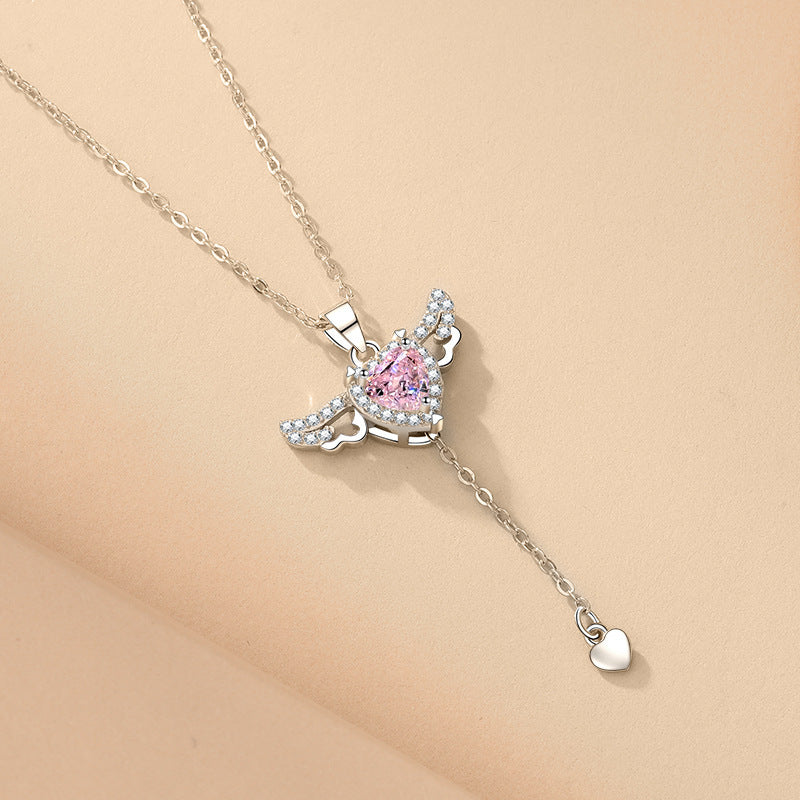 Crystal Heart & Angel Wings Pendant Necklace ✨ Adjustable Chain Jewelry Gift