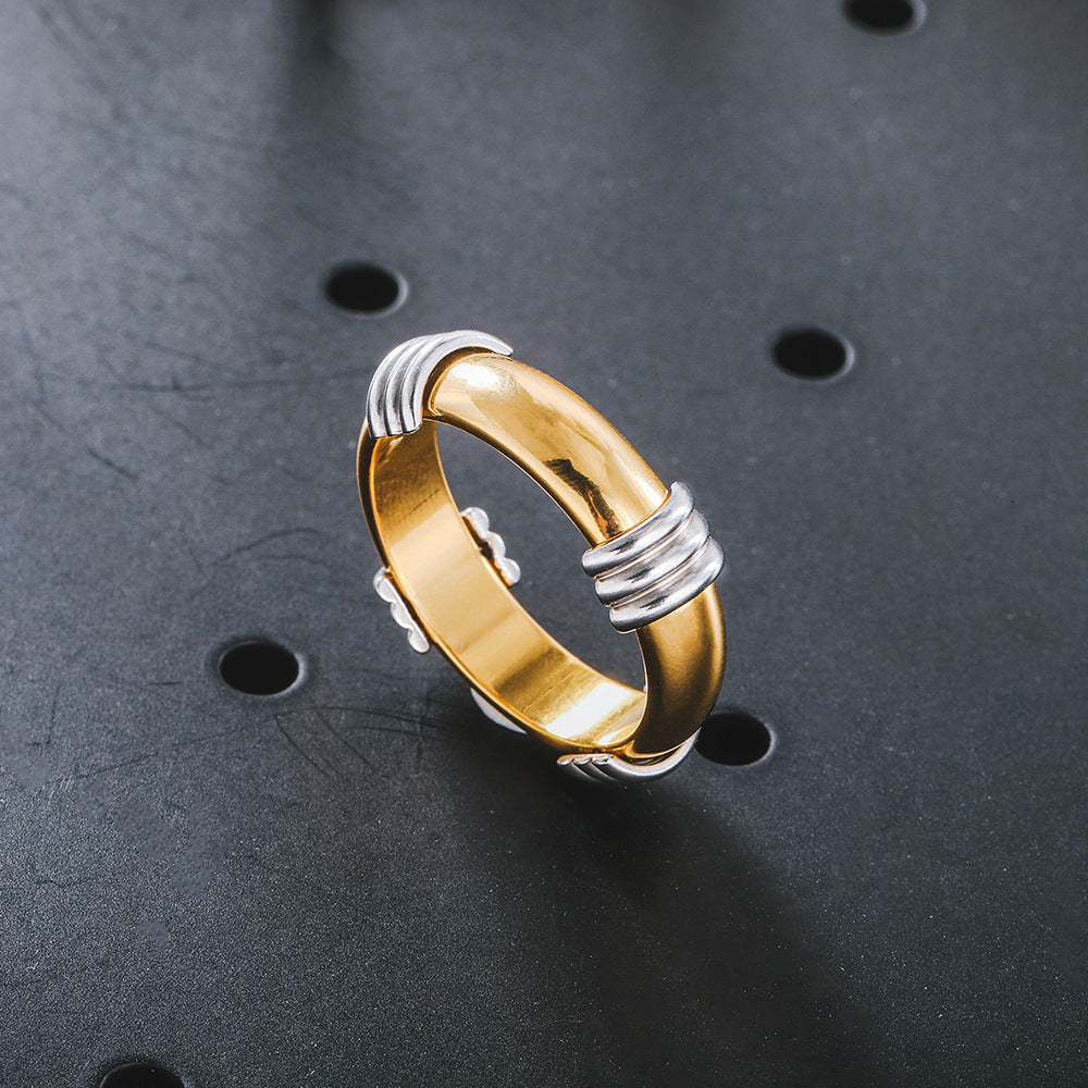 Female Punk Room Gold Ring Inlaid With Titanium Steel Ring